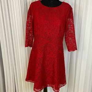 Antonio Melani Red Lace Dress Size 12 Midi 3/4 sleeves Holiday Party Date